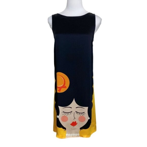GIULIA ROSITANI 100% SILK WOMEN'S GRAPHIC FACE SLEEVELESS SHIFT DRESS - M - Picture 1 of 10